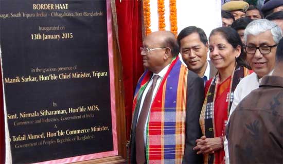 India keen to boost trade with Bangladesh, Myanmar : Sitharaman 1 The Minister of State for Commerce & Industry (Independent Charge), Smt. Nirmala Sitharaman at the inauguration of the Border Haat, in Srinagar, Tripura on January 13, 2015. The Chief Minister of Tripura, Shri Manik Sarkar and the Commerce Minister, Government of the People's Republic of Bangladesh, Mr. Tofail Ahmed are also seen.