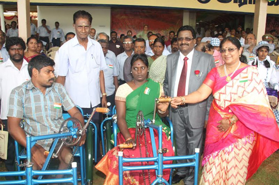 Pilot plants for developing value added products from Lignite – CMD NLC 1 DIFFERENTLY ABLED PERSONS, KUMARI KALVI AND SHRI B.VENKATESAN OF PERIYAKAPPANKULAM ARE PROVIDED WITH TRICYCLES BY SHRI B.SURENDER MOHAN, CHAIRMAN-CUM-MANAGING DIRECTOR, NLC LTD, AND SMT. SWARNAKUMARI SURENDER MOHAN DURING THE 69th INDEPENDENCE DAY CELEBRATIONS ON 15-08-2015.