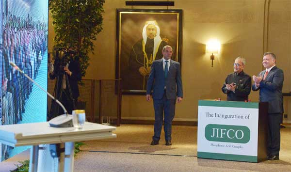 President, Pranab Mukherjee and the HM King Abdullah of Jordan at the Remote inauguration of JIFFCO Plant, 1 The President, Pranab Mukherjee and the HM King Abdullah of Jordan at the Remote inauguration of JIFFCO Plant, at Al Husseinieh Palace, in Amman, Jordan on October 10, 2015.
