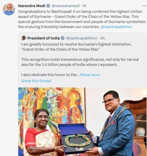 PM Modi congratulates Prez Murmu on receiving Suriname's highest civilian honour 5 06modi tweet