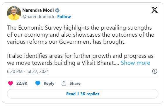 Economic Survey highlights the prevailing strengths of our economy and also showcases outcomes of various Government reforms: PM 5 modi tweet1