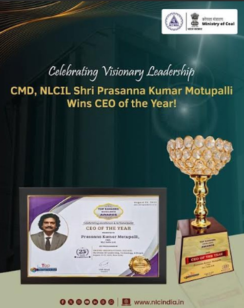 Leadership Excellence Recognized: NLCIL CMD Awarded “CEO of the Year” at Top Rankers Summit 5 nlc award