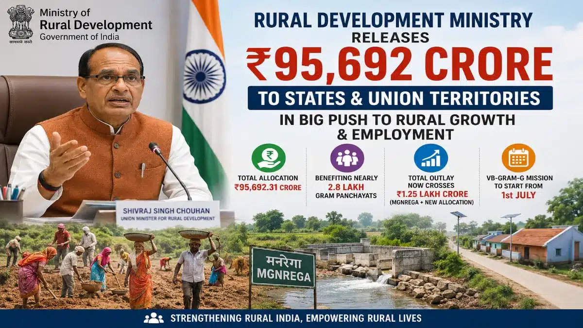 feature news 311 Union Rural Development Minister Shivraj Singh Chouhan announcing Rs 95,692 crore allocation for states and Union Territories under rural development initiatives.