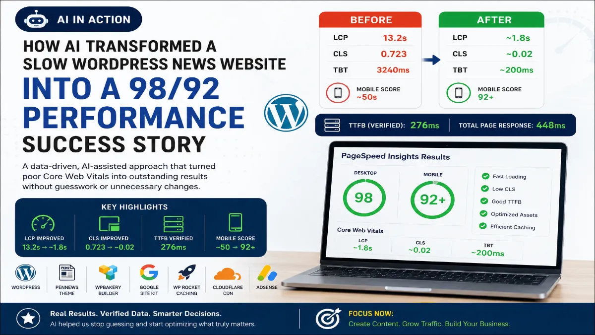 feature news 254 AI-assisted WordPress speed optimization case study showing improved Core Web Vitals and PageSpeed scores