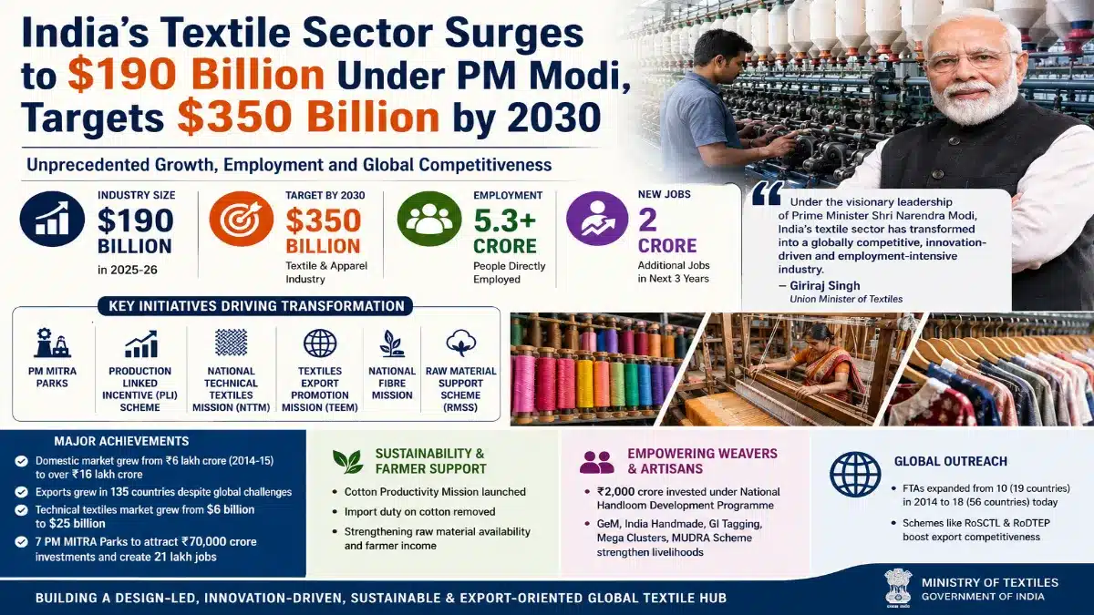 feature news 290 India textile industry growth under Prime Minister Narendra Modi reaches 190 billion dollars in 2025-26