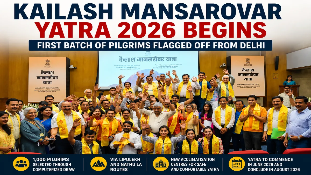 feature news 268 Pilgrims pose during the flagging-off ceremony of the first batch of Kailash Mansarovar Yatra 2026 in New Delhi