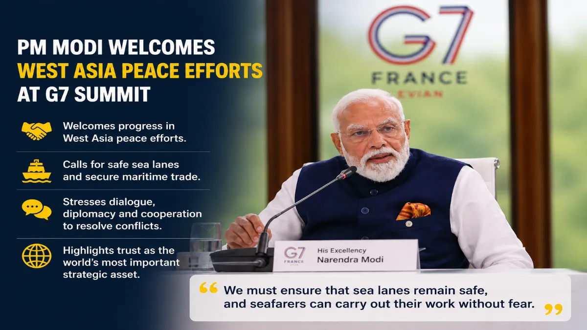 feature news 246 Prime Minister Narendra Modi addressing leaders during the G7 Summit in Evian France discussing West Asia peace efforts and maritime security